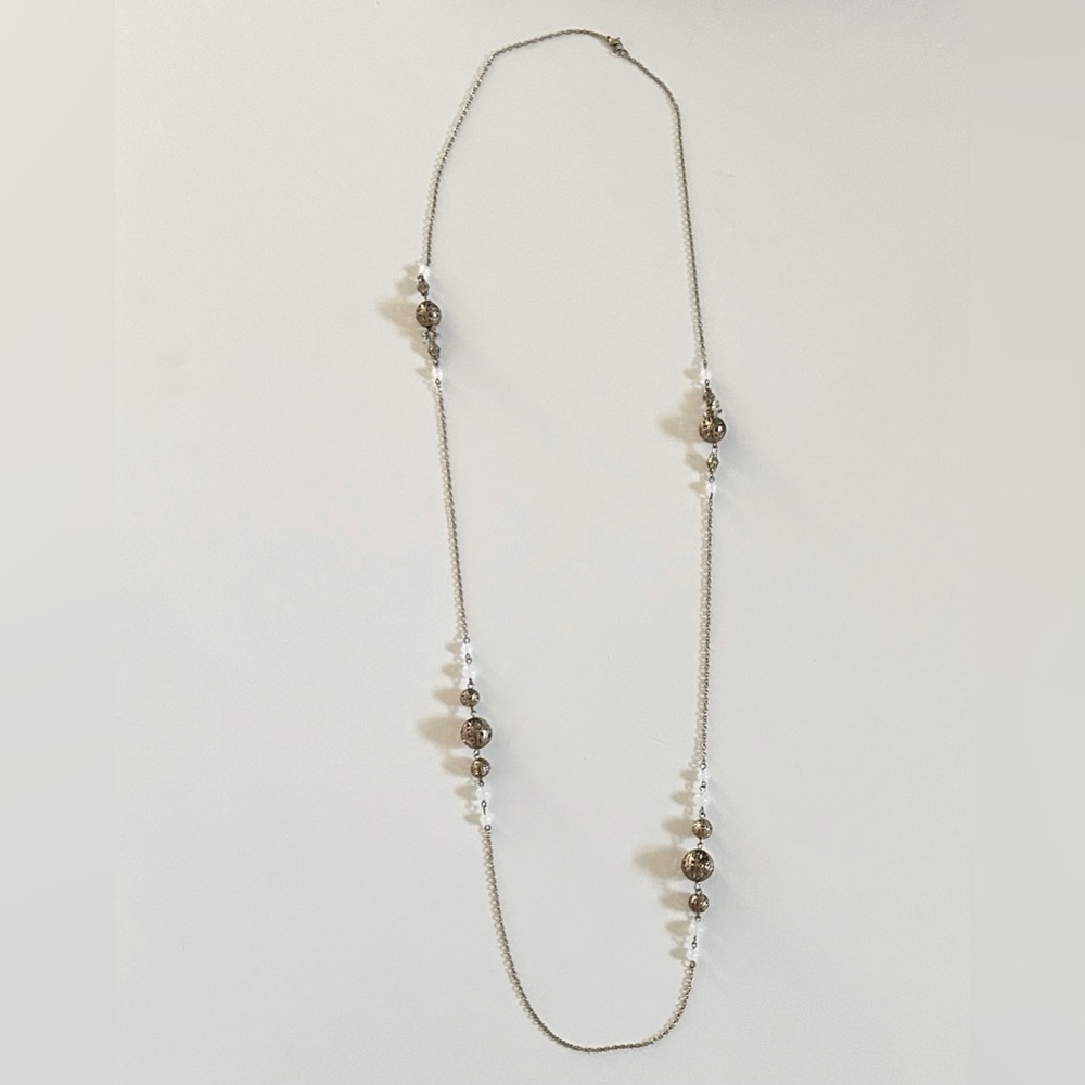 Long Antique Gold/Brass Color Chain Necklace With White Stones & Filigree Pieces
